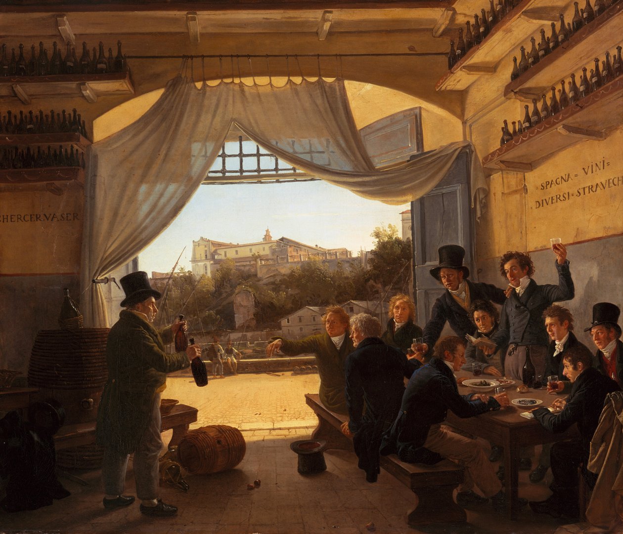 Duits: Kronprinz Ludwig in der Spanischen Weinschänke zu Rom Kroonprins Ludwig in de Spaanse wijnbar in Rome door Franz Ludwig Catel
