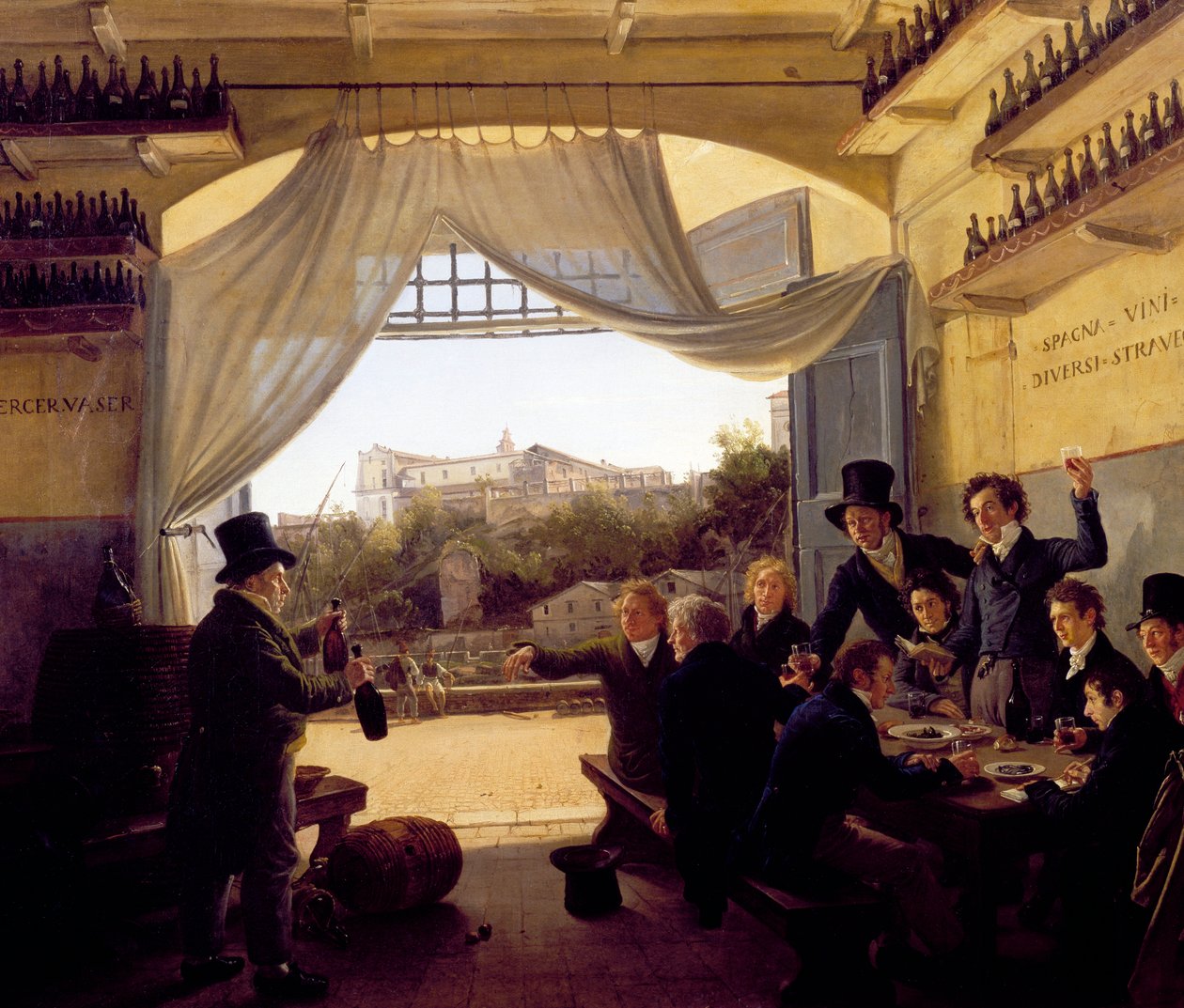Louis II de Baviere drinkt met vrienden in de Spaanse wijnbar in Rome. 1824 (olieverf op hout) door Franz Ludwig Catel