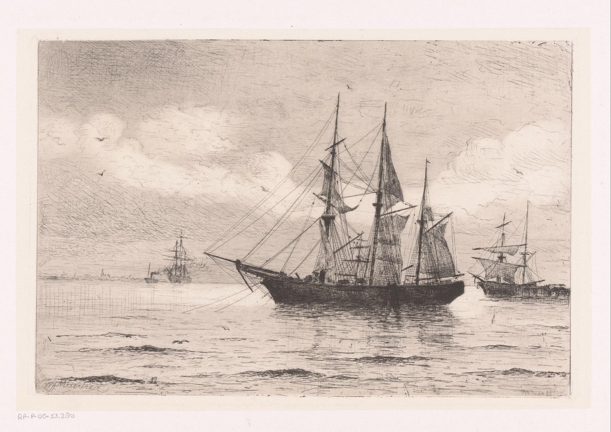 Zeelandschap met een driemaster en andere schepen door Franz Maecker