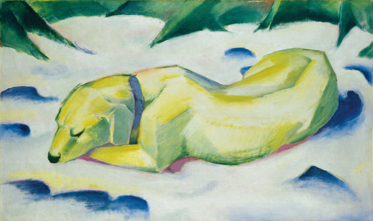 Hond die in de sneeuw ligt door Franz Marc