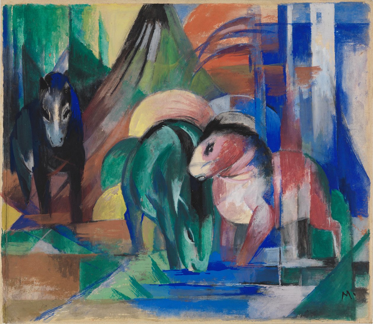 Drie paarden bij boswater door Franz Marc