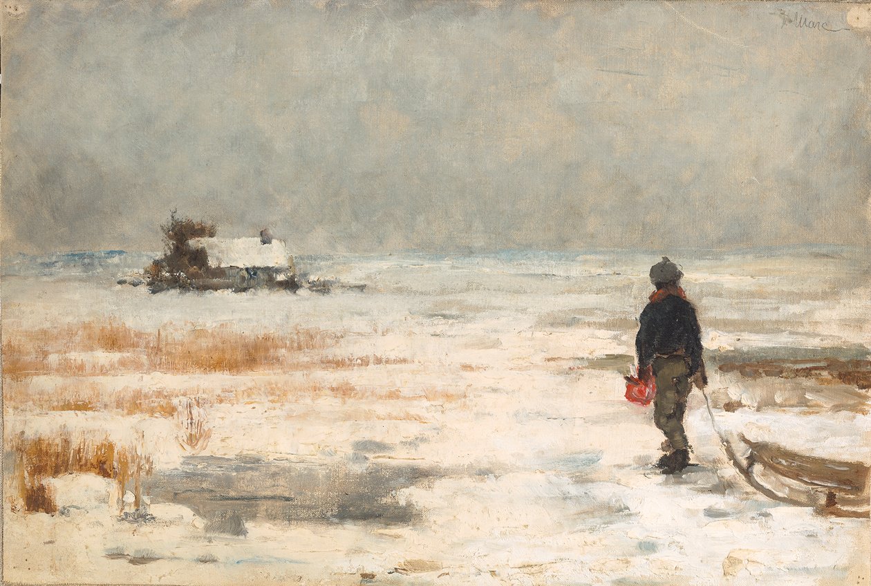 Jongen met slee in een winterlandschap door Franz Marc