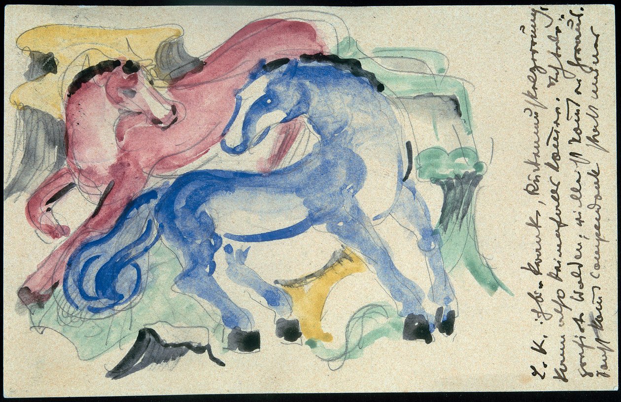 "Rood en blauw paard", Franz Marc uit Sindelsdorf aan Wassily Kandinsky in München: Ansichtkaart, poststempel 05.04.1913 door Franz Marc