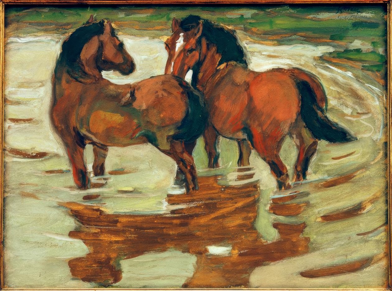 Twee paarden in de wasplaats door Franz Marc