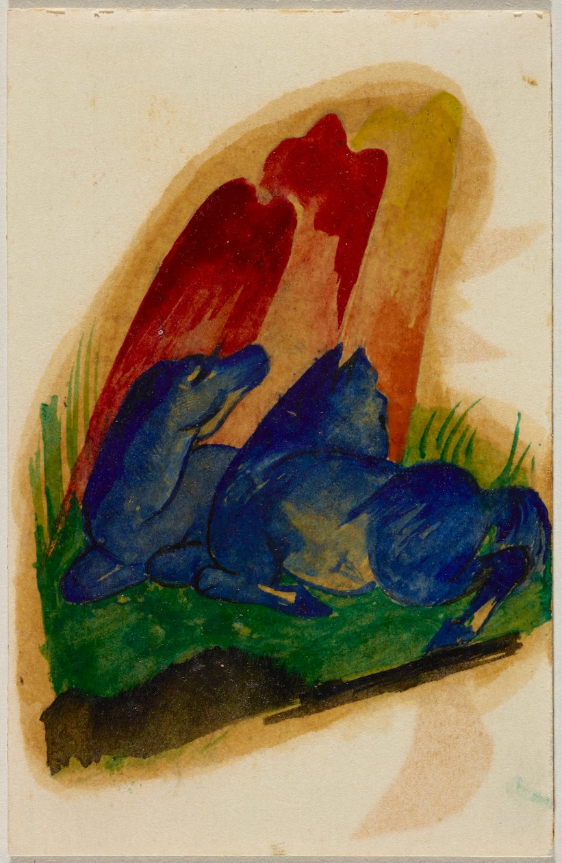 Zwei blaue Pferde vor rotem Felsen, Postkarte aus Sindelsdorf an Wassily Kandinsky in München door Franz Marc