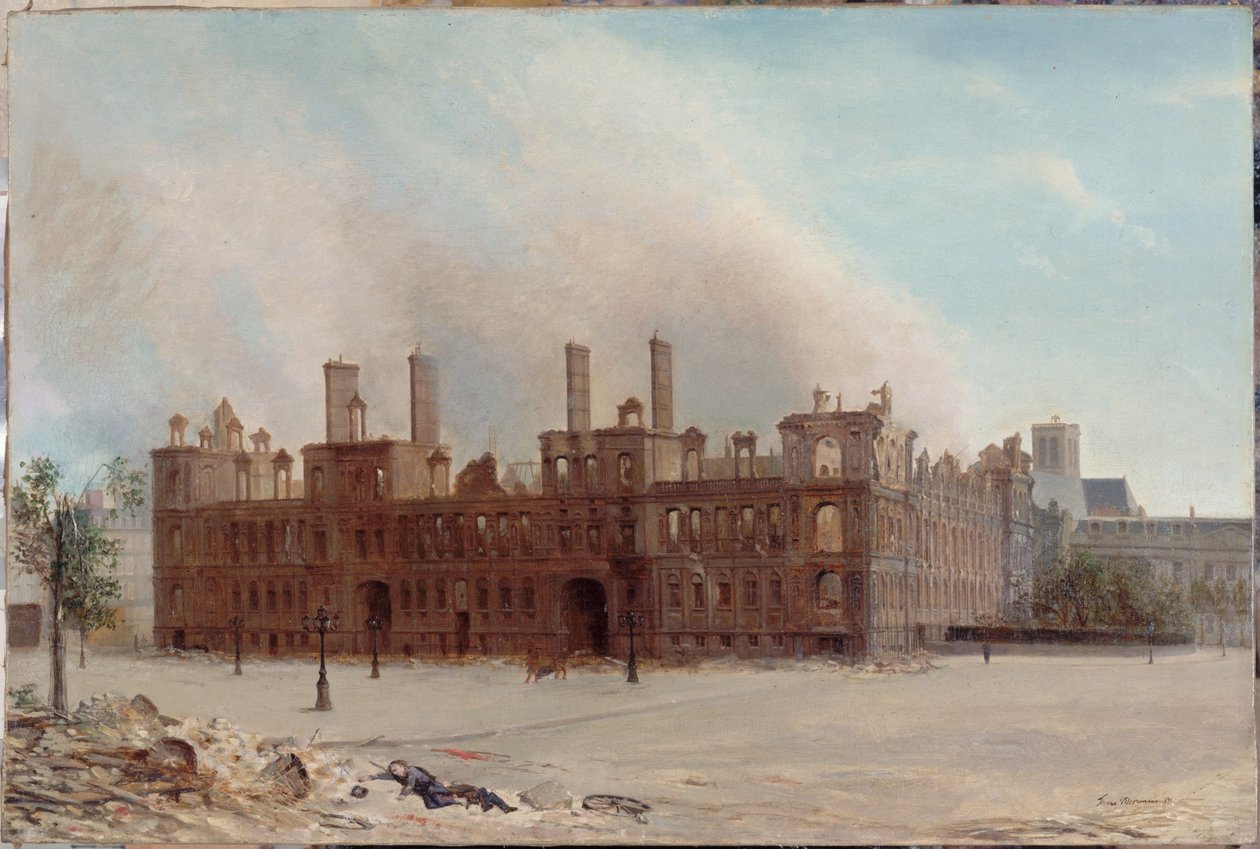 Het Stadhuis na de brand van 1871 door Franz Moormans