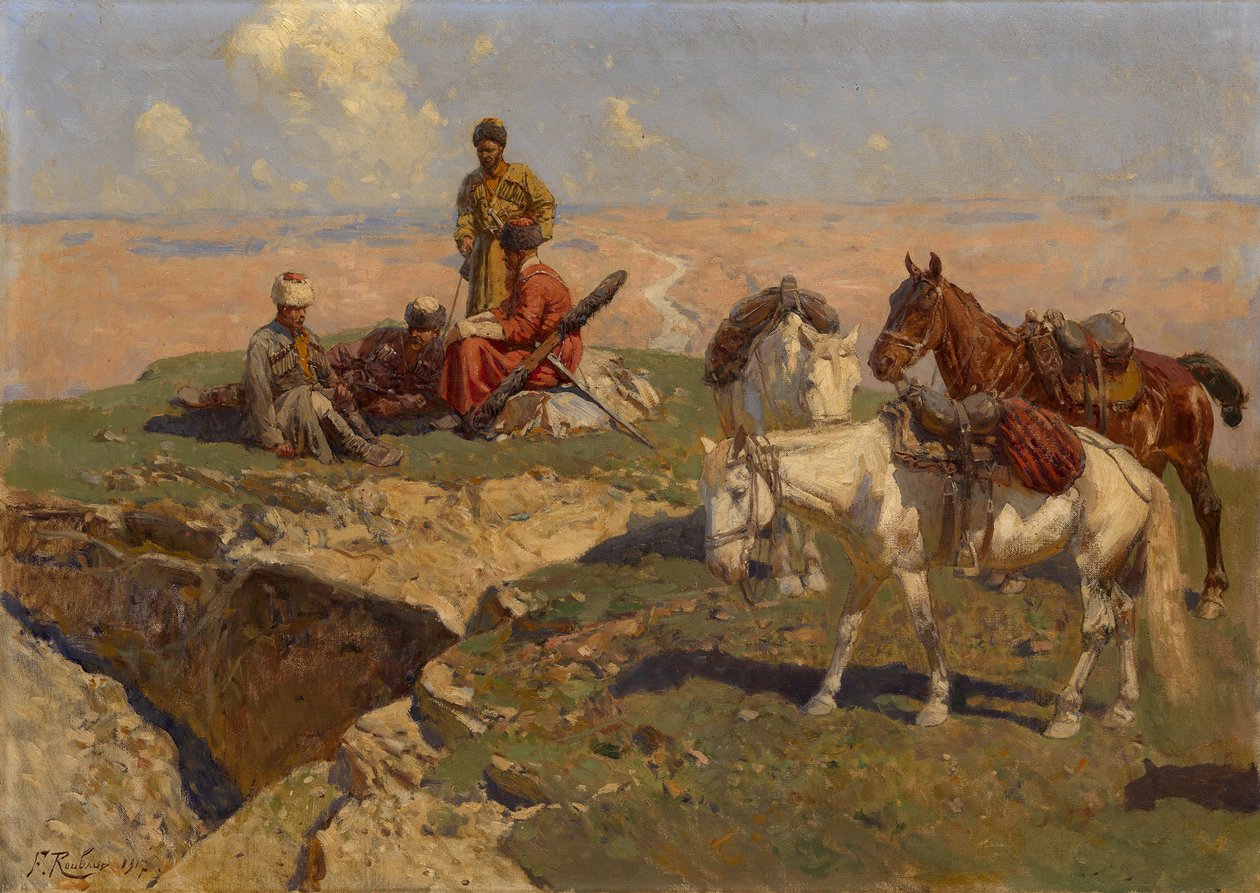 Kaukasische ruiters in rust, 1917 door Franz Roubaud