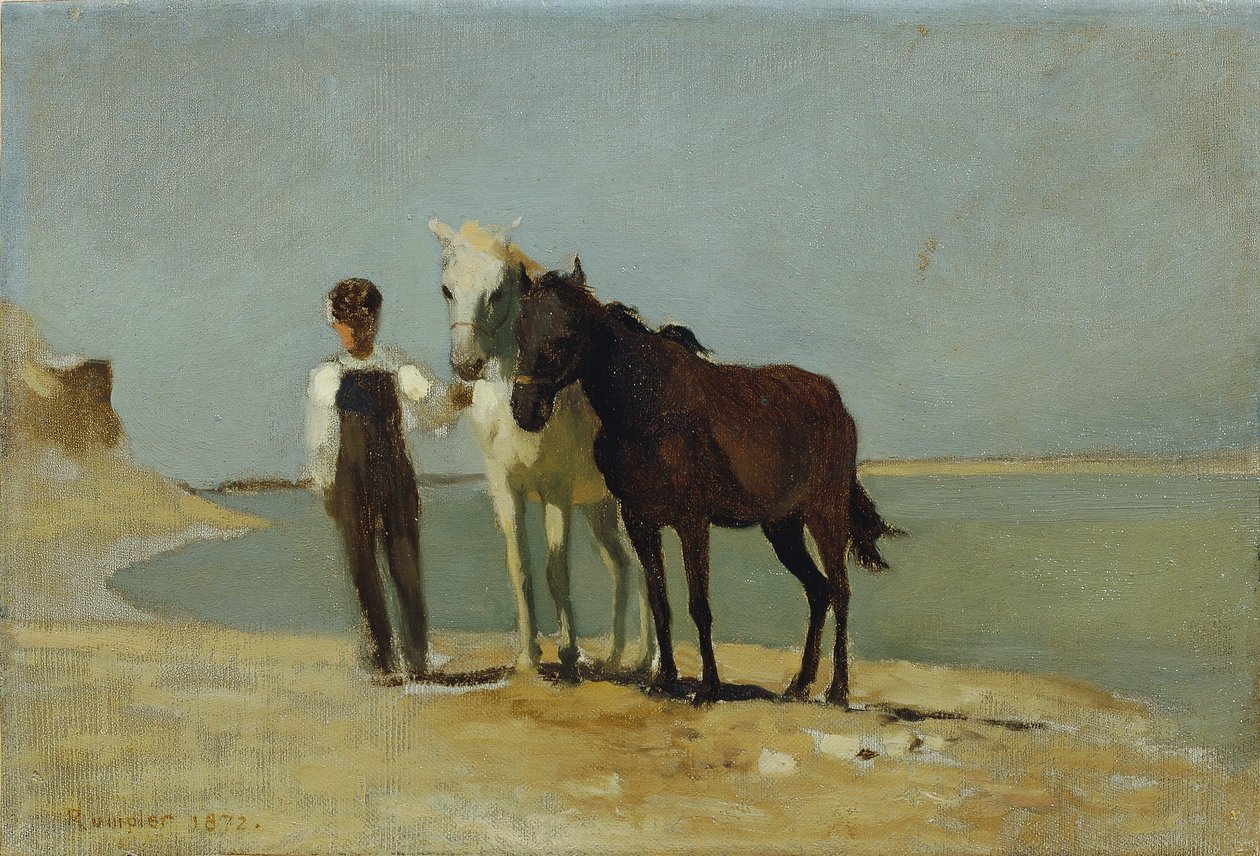 Een jongen met paarden op het strand door Franz Rumpler