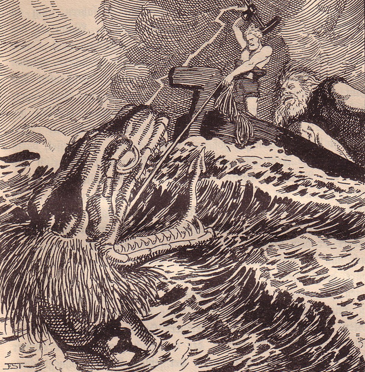 Thor en Hymir vissen. Illustratie voor De Edda: Germaanse goden en helden door Hans von Wolzogen door Franz Stassen