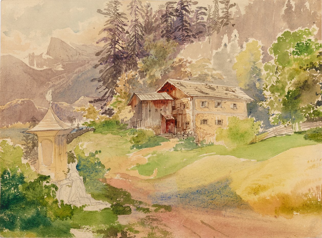 Alpenlandschap met boerderij en vrouw voor Marterl door Franz Steinfeld