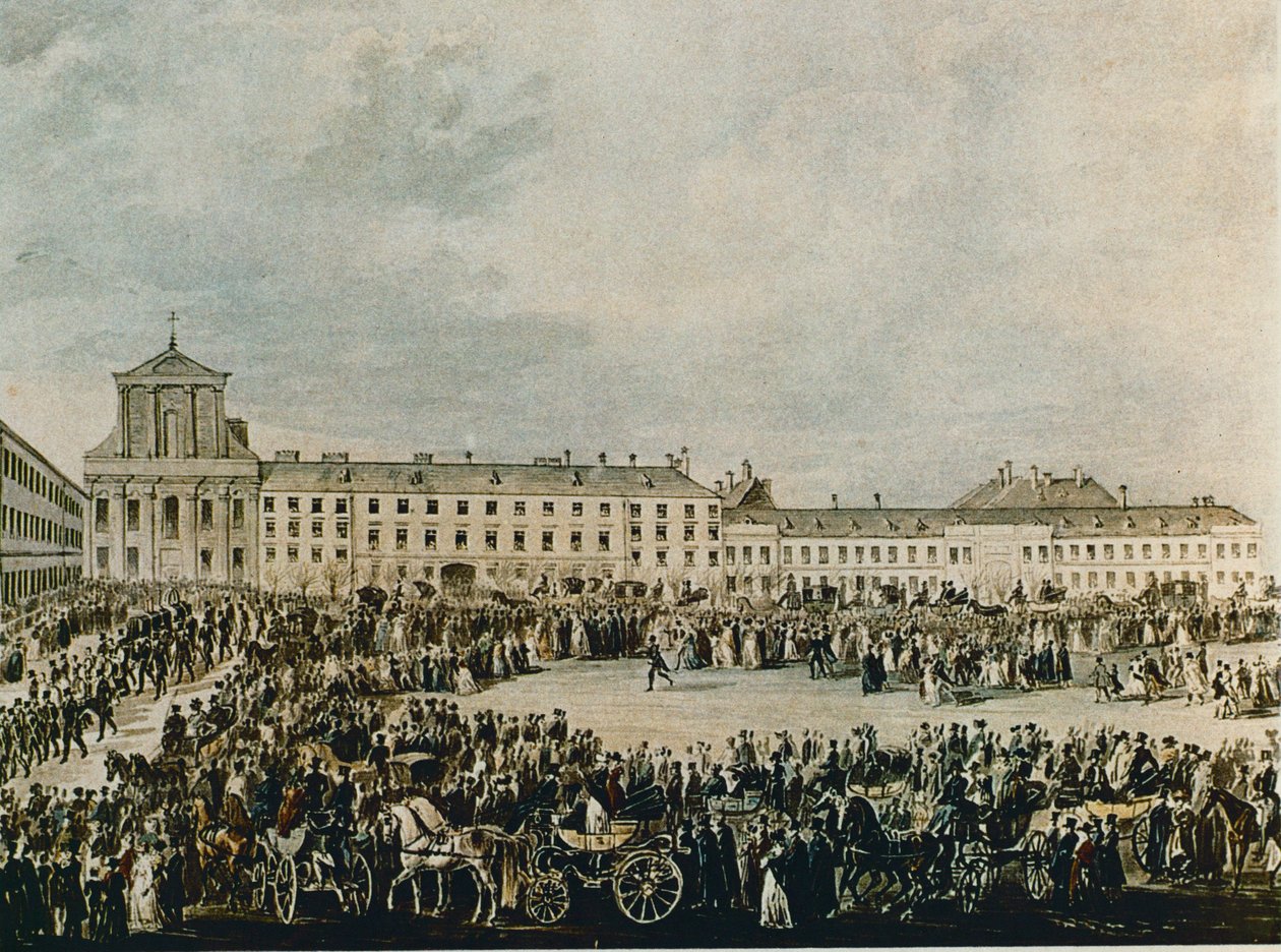 Ludwig van Beethovens begrafenisstoet in 1827 van het Schwarzspanierhaus naar de Heilige Drievuldigheidskerk in de Alsergasse, Wenen (aquarel) door Franz Stober