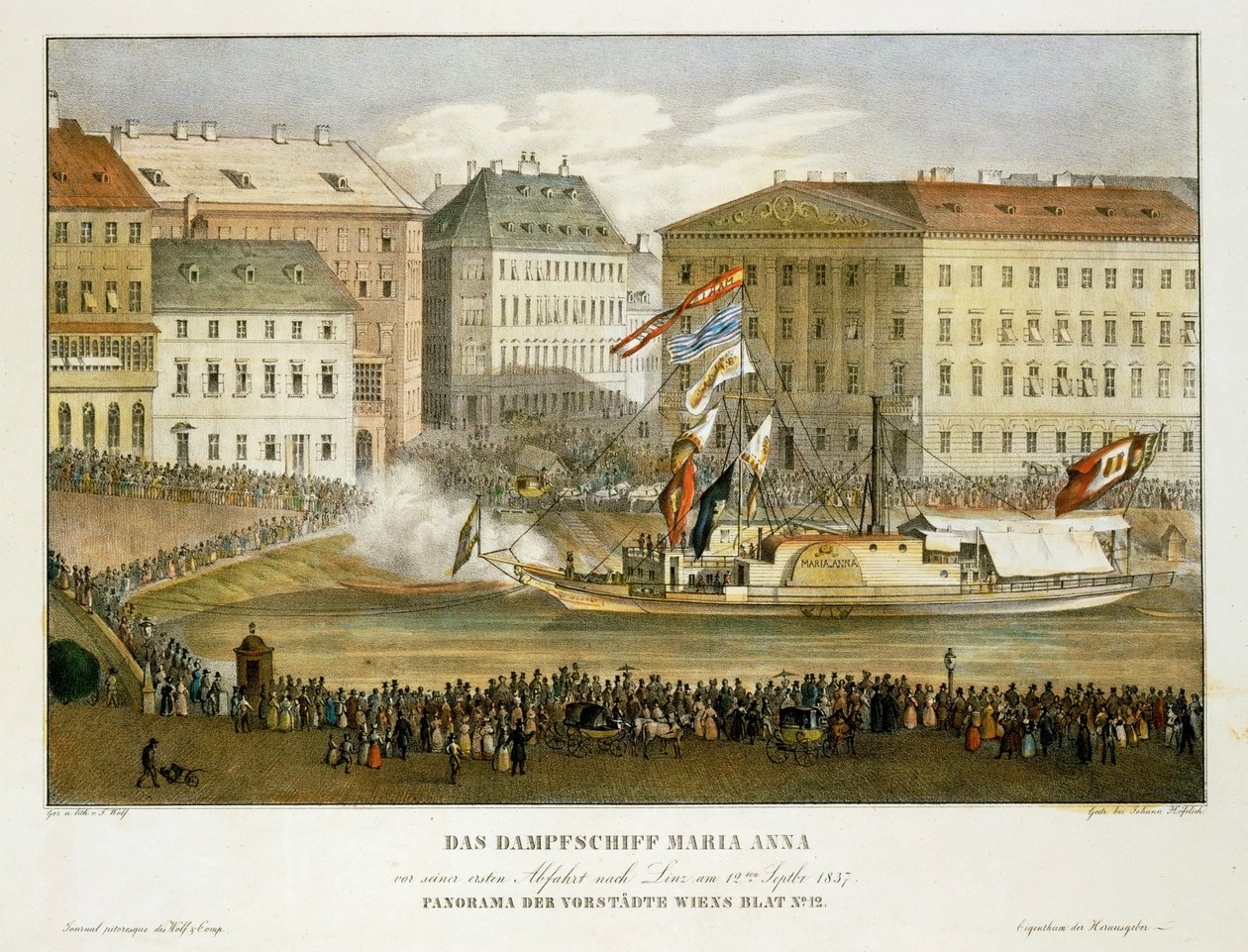 Het stoomschip Maria Anna, vertrek naar Linz 12 ... (litho) door Franz Wolf