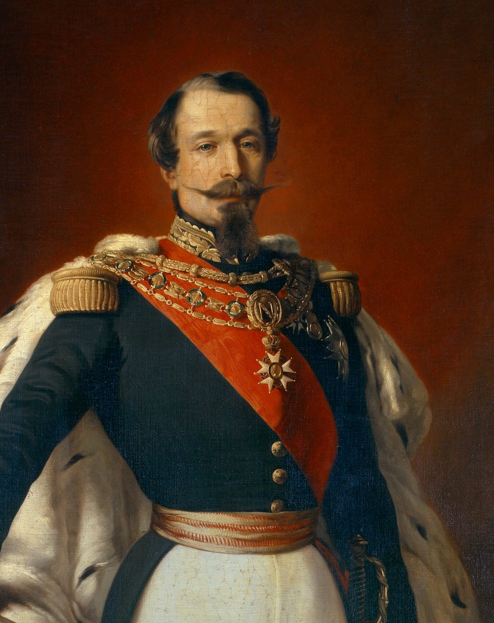Portret van Napoleon III (1808-1873), keizer van de Fransen voor een uitzicht op het kasteel van Saint Cloud. Detail van schilderij door Franz Xaver Winterhalter (1806-1873) 1855 door Franz Xaver  Winterhalter (after)