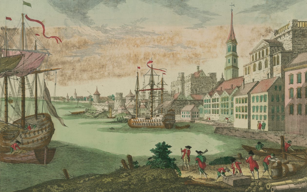 De haven in Boston, Massachusetts, c.1770-80 door Franz Xaver Habermann