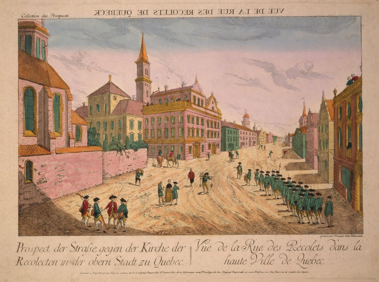 Vue de la Rue des Recolets de Quebec, gepubliceerd c.1770s (handgekleurde gravure) door Franz Xaver Habermann