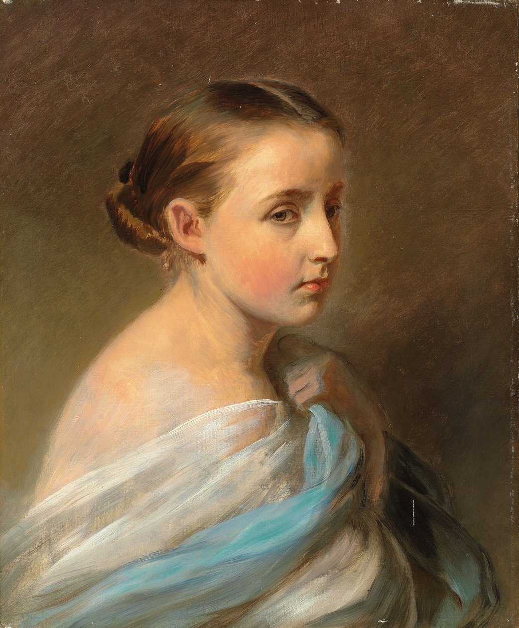 Portret van een meisje, hoofd en schouders, gedrapeerd in een blauw-witte omslagdoek, ca. 1850 door Franz Xaver Winterhalter