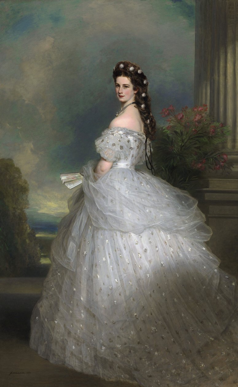 Portugees: Keizerin Elisabeth van Oostenrijk: haar haar is versierd met witgouden sterren bezet met diamanten. Keizerin Elisabeth van Oostenrijk in hoofse galakleding met diamanten sterren door Franz Xaver Winterhalter