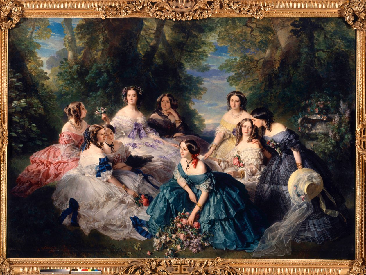 De keizerin Eugenie (1826-1920) in 1855 omringd door de hofdames. Linksonder naar rechts: Prinses van Essling, Grootmeesteres; Barones van Stenen, Viscountess Lezay-Marnezia (Lezay Marnezia); Markiezin van Montebello (Miss de Villeneuve). door Franz Xaver Winterhalter