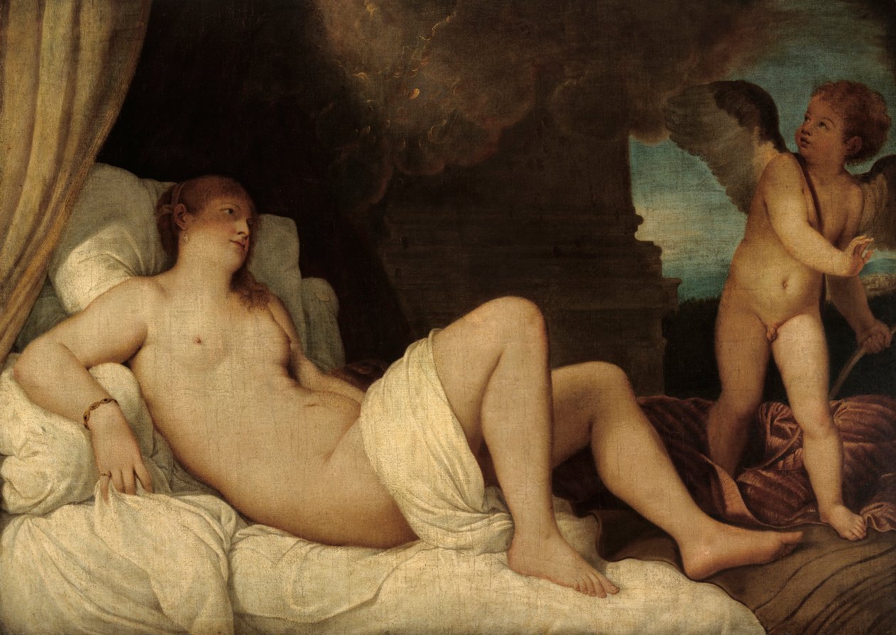 Danae, kopie naar Titiaans schilderij in Napels door Franz von Lenbach