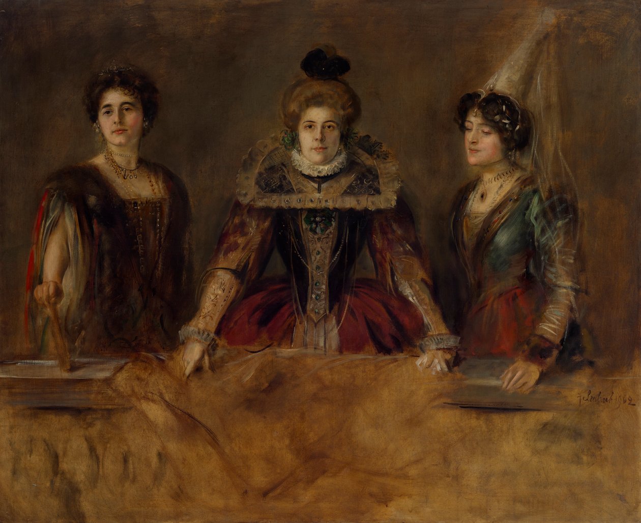 Groepsfoto: drie dames in kostuum (juffrouw Heuberger, mevrouw Obermayer en mevrouw Putz) door Franz von Lenbach