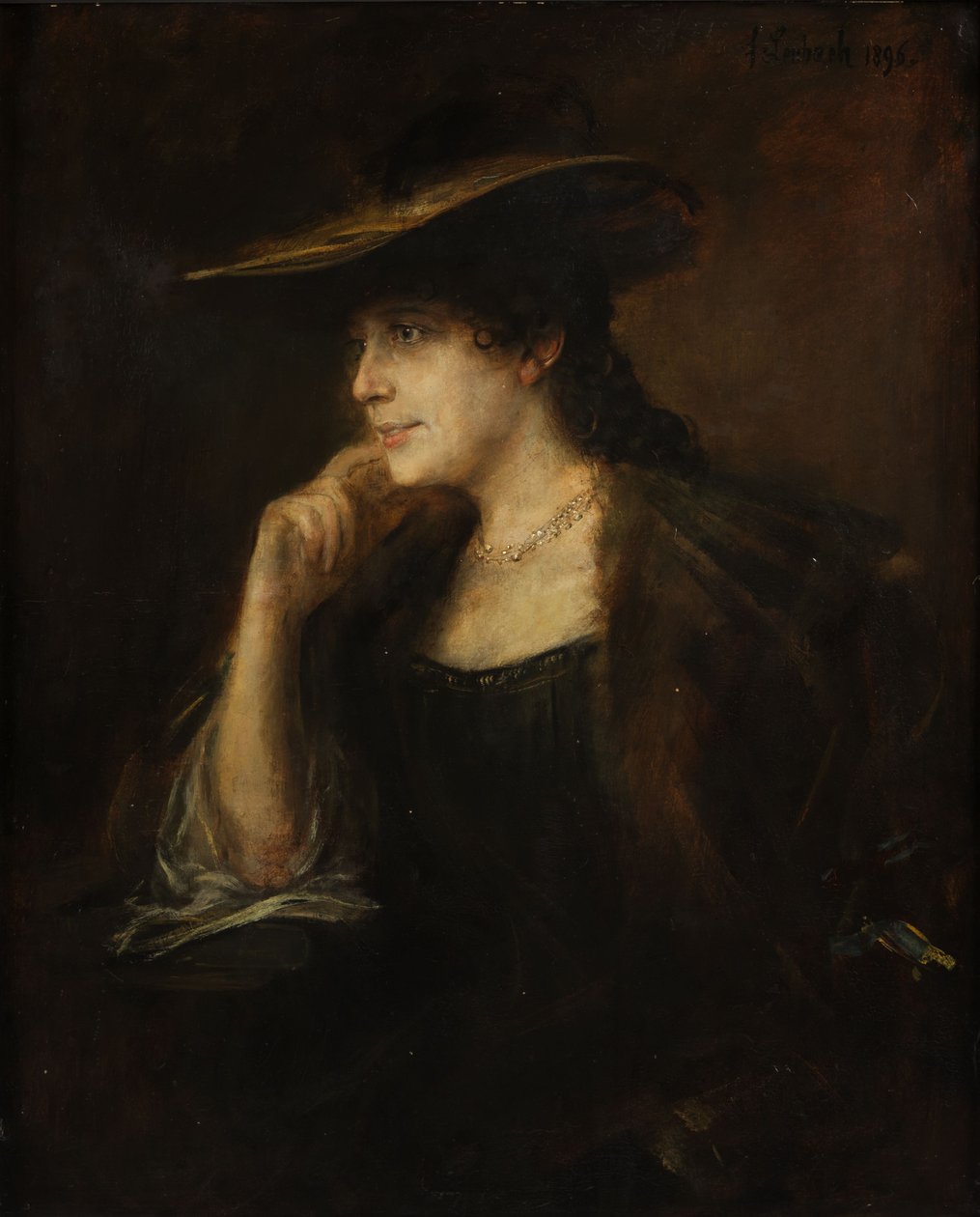 Portret van een jonge dame met bontkraag en breedgerande hoed door Franz von Lenbach
