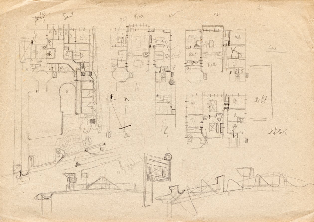 Ontwerpschetsen voor Matschs ateliervilla - plattegronden en dakconstructie door Franz von Matsch