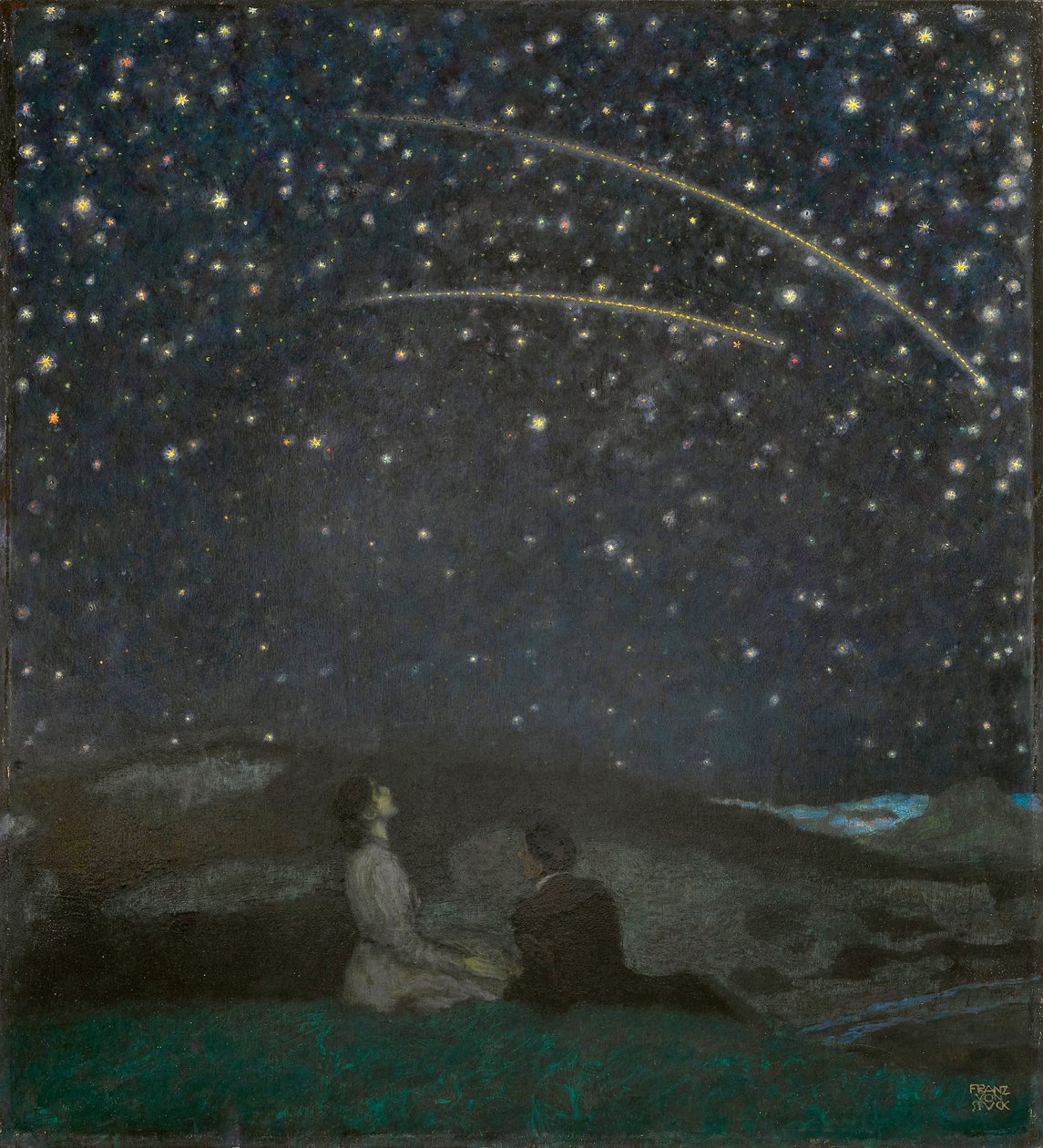 Les etoiles filantes (Franz en Mary von Stuck) - Vallende sterren (Franz en Mary Stuck), door Stuck, Franz, Ritter von (1863-1928). Olie op hout door Franz von Stuck