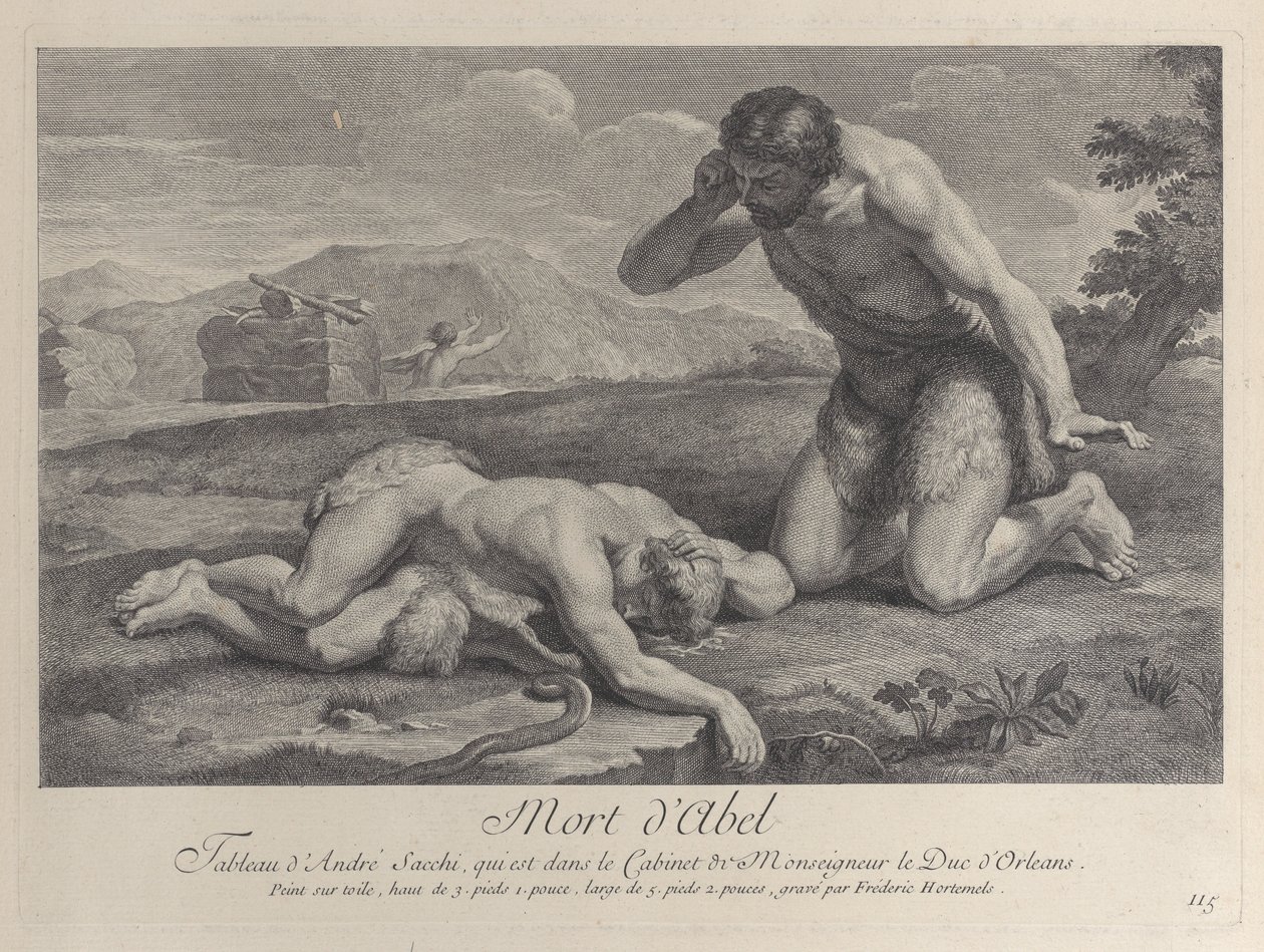 Adam knielt in verdriet naast het lichaam van Abel, terwijl Kaïn op de achtergrond vlucht, ca. 1729 door Frédéric Horthemels