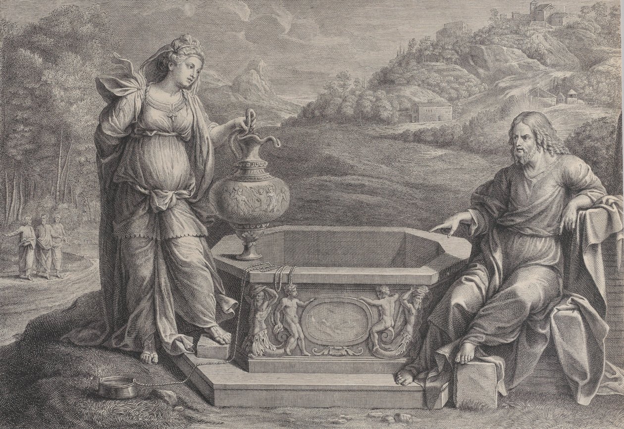 Christus, zittend rechts, en de vrouw van Samaria, staand links door Frédéric Horthemels