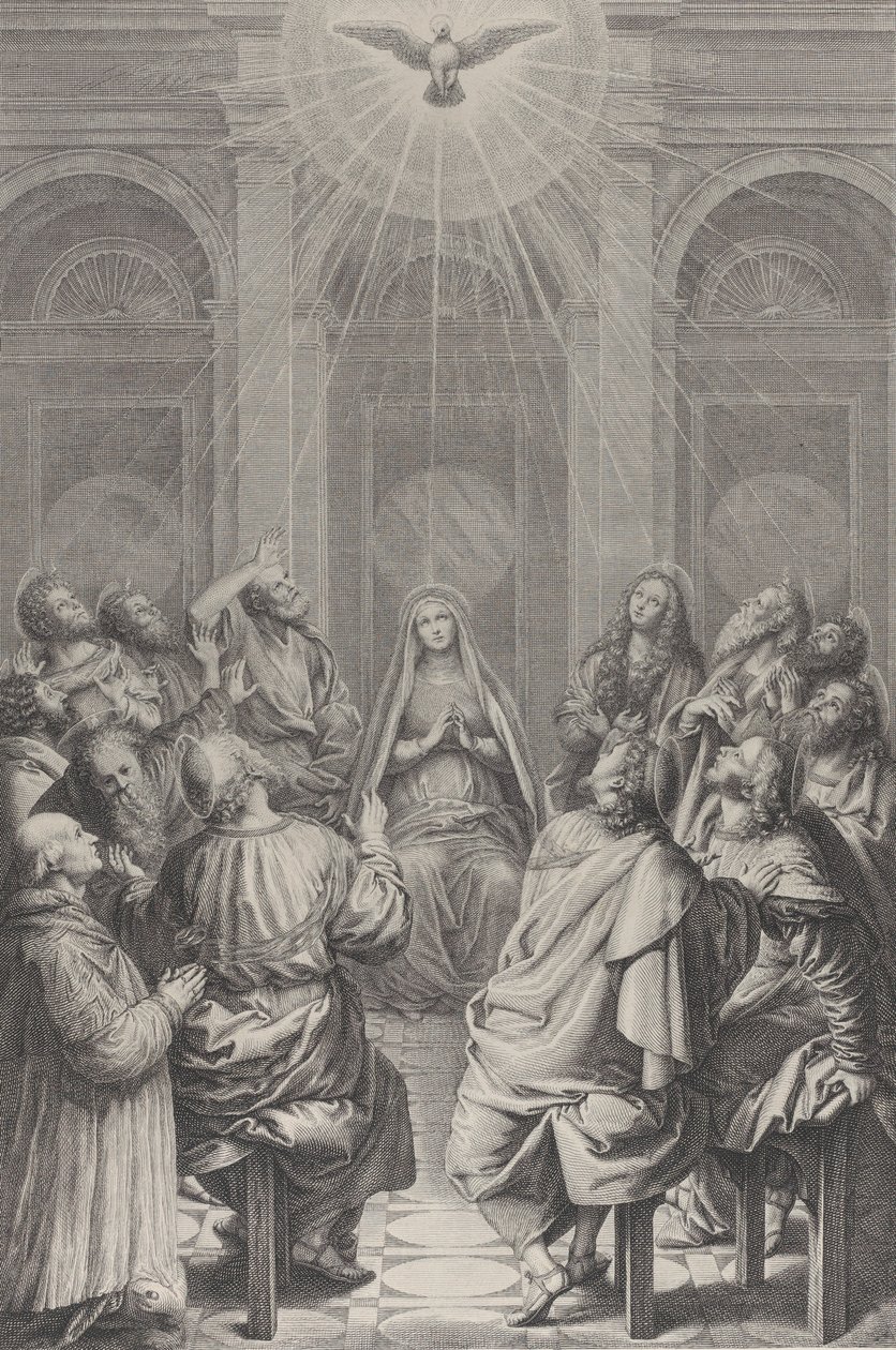 Pinksteren, met de apostelen en de Maagd zittend in een cirkel, de Heilige Geest door Frédéric Horthemels