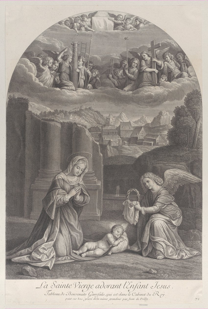 De Maagd Maria aanbidt het Christuskind, een engel houdt een doornenkroon vast aan de rechterkant, ca. 1729 door Frédéric Horthemels