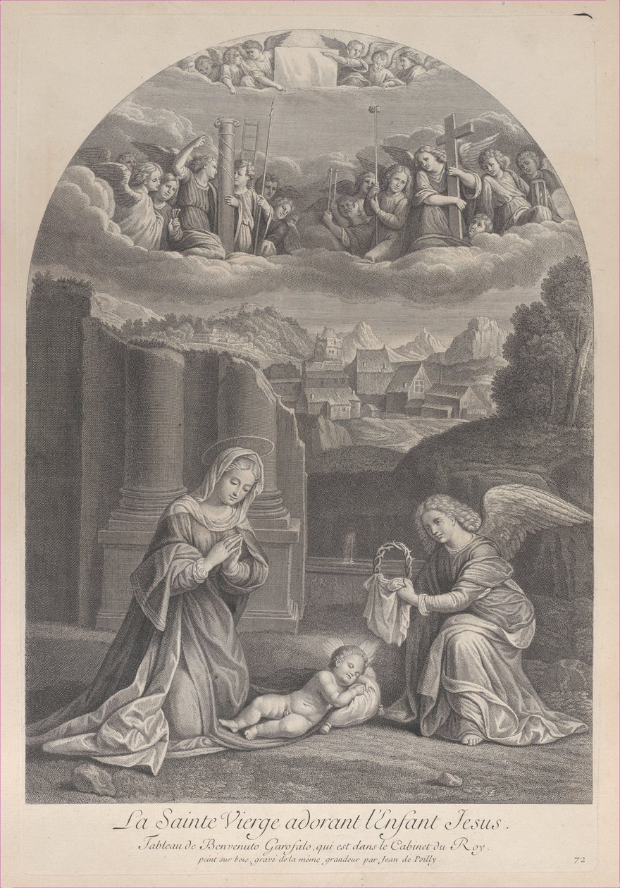 De Maagd Maria aanbidt het Christuskind, een engel houdt een doornenkroon vast (detail) door Frédéric Horthemels