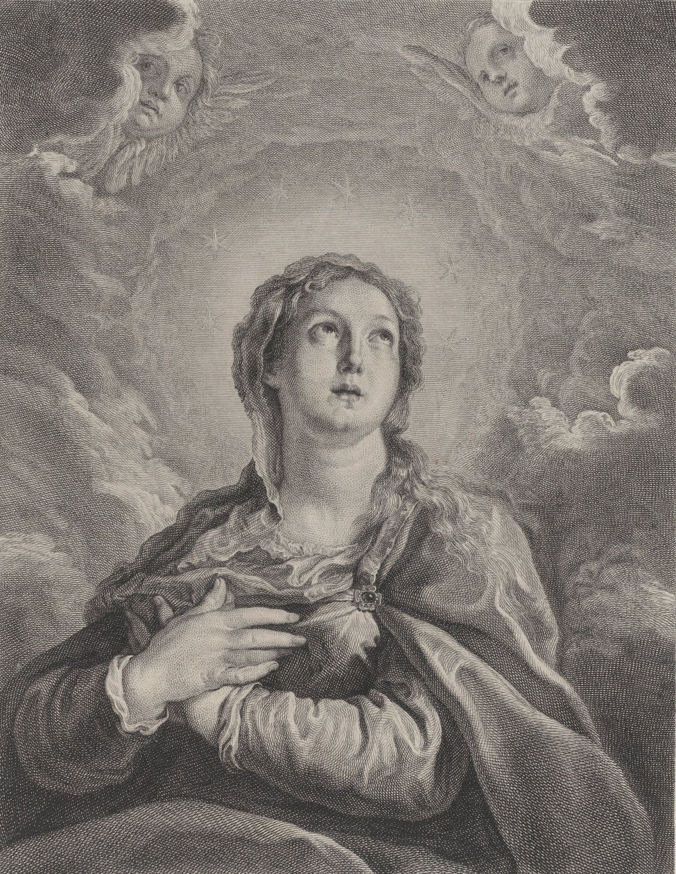 De Maagd, handen gevouwen op haar borst, omhoog kijkend, 1729-1740 door Frédéric Horthemels
