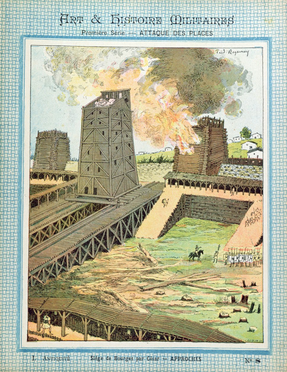 Het beleg van Bourges tijdens de invasie van Gallië door Julius Caesar (100-44 v.Chr.) van een beschermhoes voor schoolboeken, eind 19e eeuw door Frederic Regamey