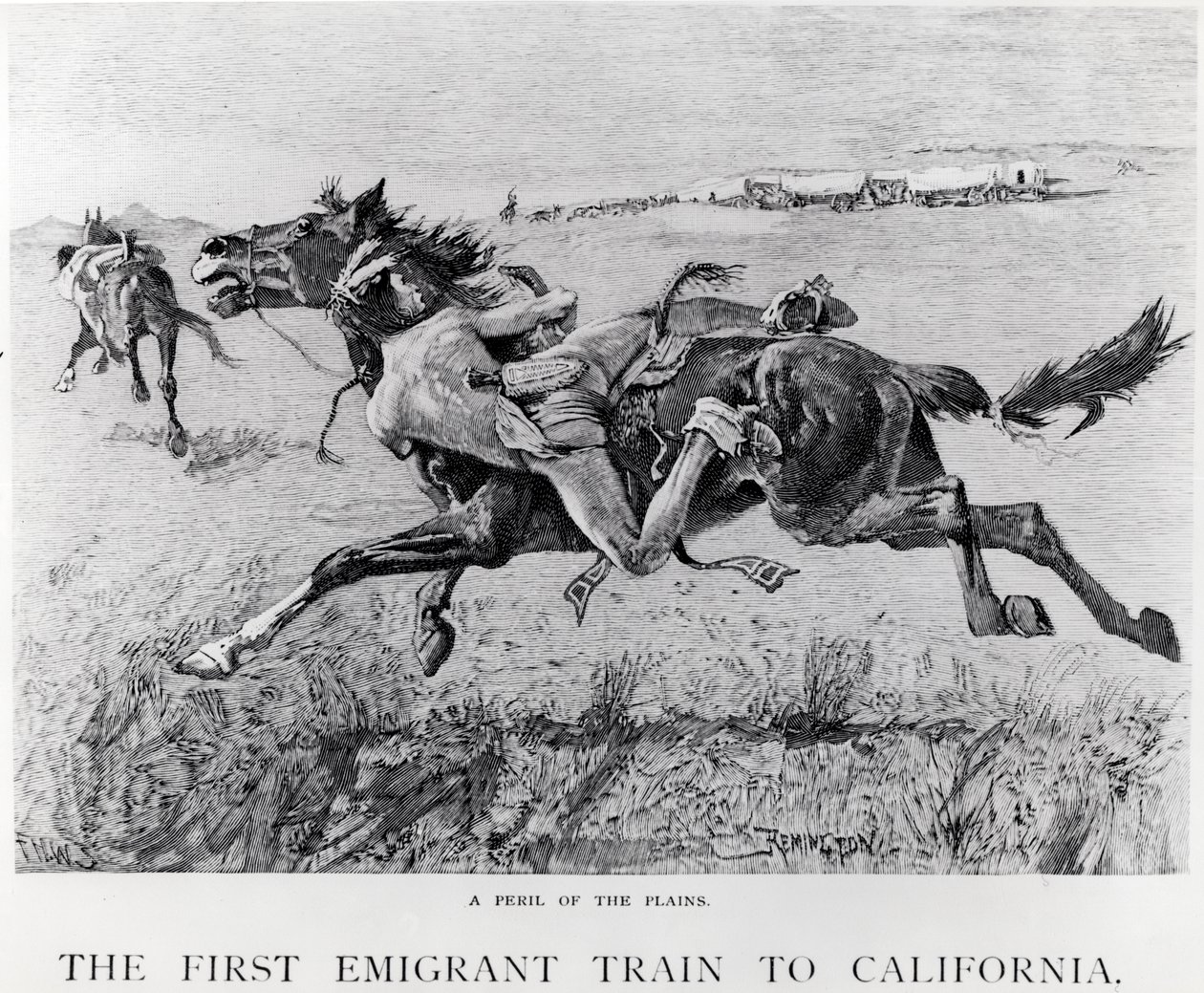 Een gevaar van de vlaktes, de eerste emigrantentrein naar Californië, gegraveerd door F.H.W. door Frederic Remington