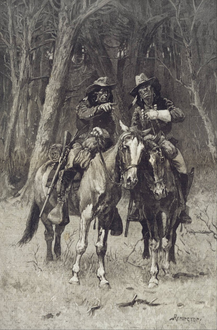 Cheyenne-verkenners patrouilleren in het grote bos van de Noord-Canadees, Oklahoma door Frederic Remington