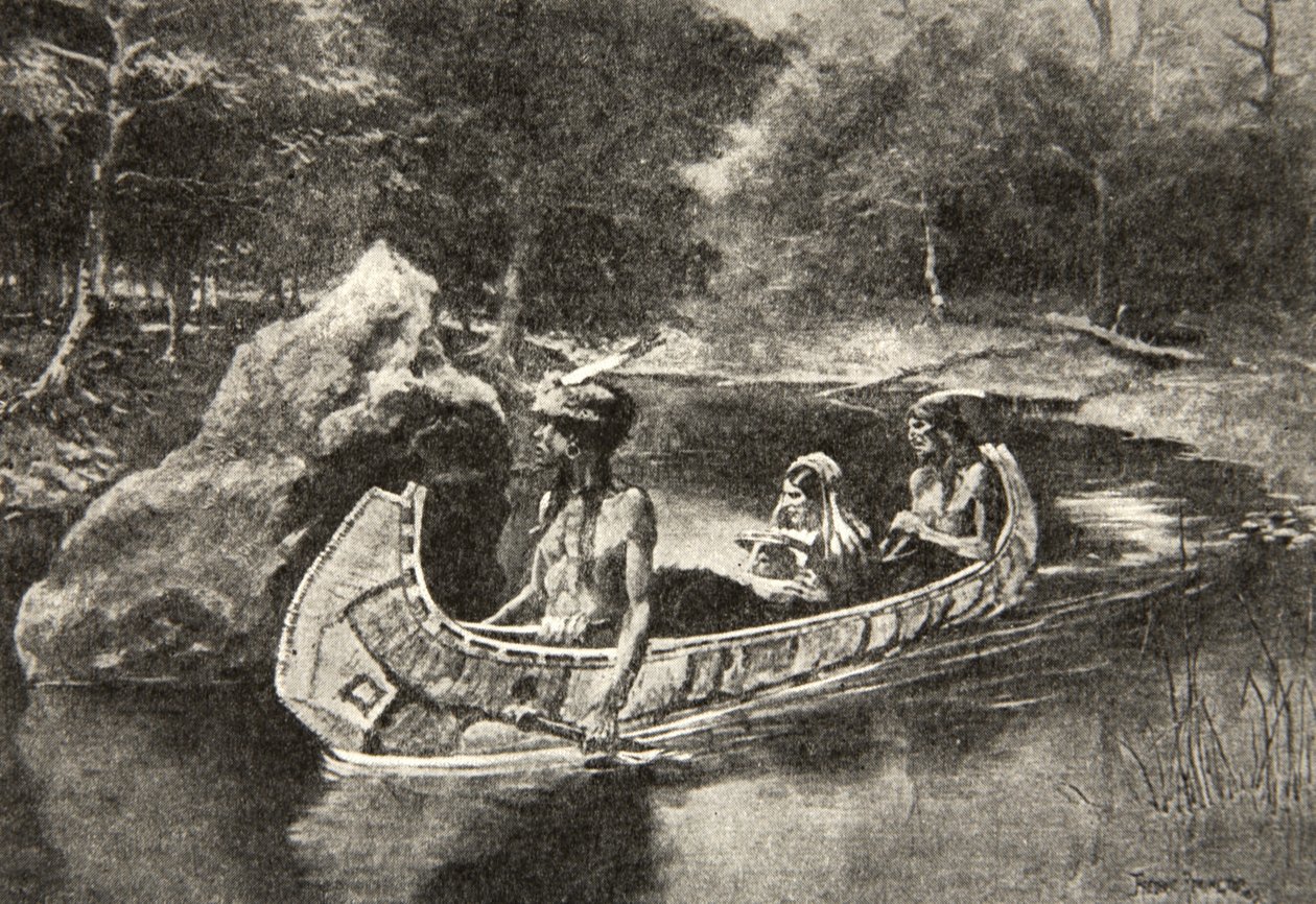 Wierp het recht in de rivier... Waar het nog steeds te zien is in de zomer, uit Het Lied van Hiawatha door Henry Wadsworth Longfellow, gepubliceerd door George G. Harrap und Company Ltd., 1911 door Frederic Remington