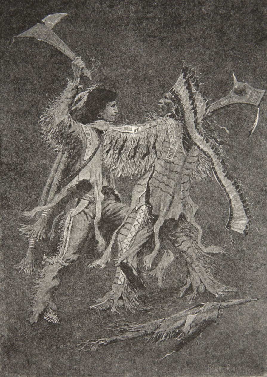 Toen begon de grootste slag, die de zon ooit had gezien, uit Het lied van Hiawatha door Henry Wadsworth Longfellow, uitgegeven door George G. Harrap en Company Ltd., 1911 door Frederic Remington