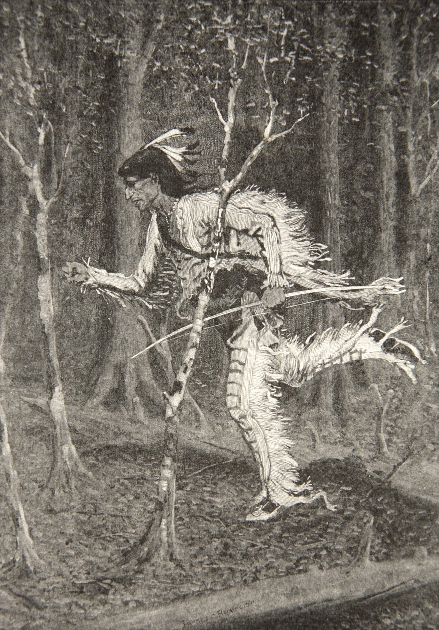 Door struikgewas en bos, rende de sluwe Pau-Puk-Keewis, uit The Song of Hiawatha door Henry Wadsworth Longfellow, gepubliceerd door George G. Harrap und Company Ltd., 1911 door Frederic Remington