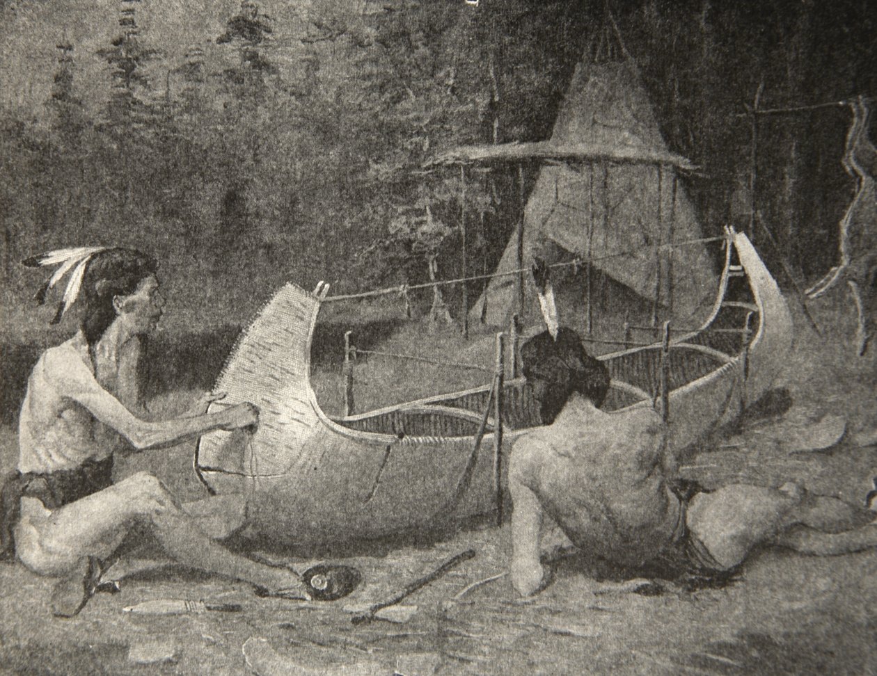 Zo werd de berkenkano gebouwd... In het hart van het bos, uit Het Lied van Hiawatha door Henry Wadsworth Longfellow, uitgegeven door George G. Harrap und Company Ltd., 1911 door Frederic Remington