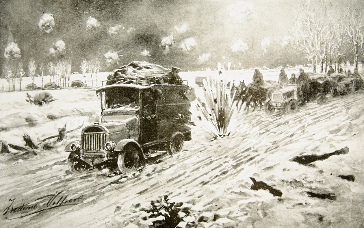 Britse transporttrein die onder zwaar artillerievuur zijn weg baant langs de met sneeuw bedekte wegen van Ieper door Frederic Villiers