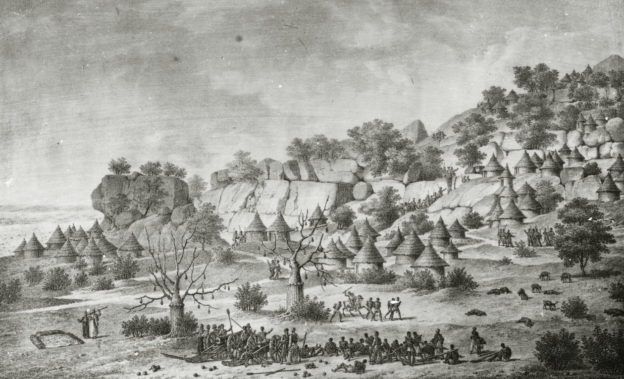 Gezicht op een dorp ten noorden van Agady in het land van het volk Bertat, vanuit een zuidelijk perspectief, uit 