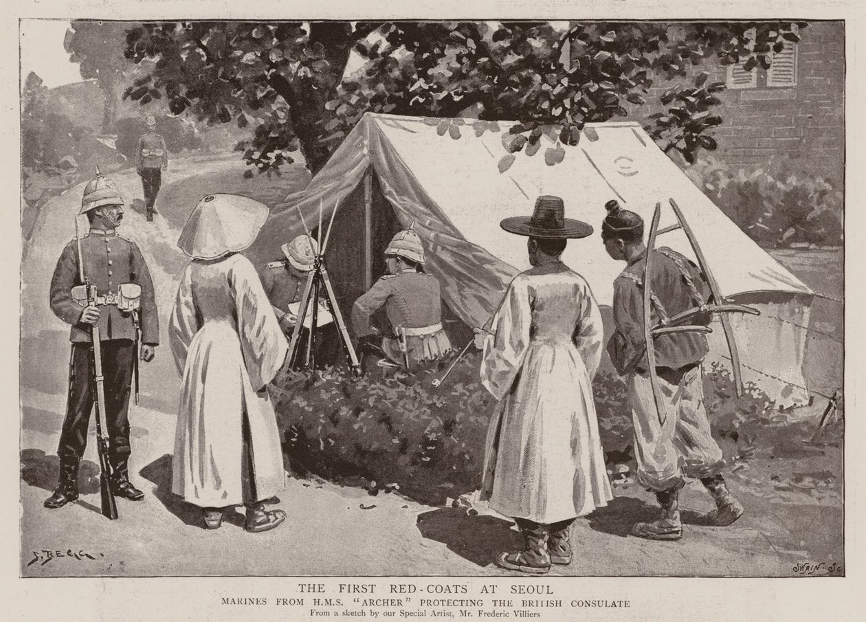 De eerste rode jassen in Seoul (litho) door Frederic (after) Villiers