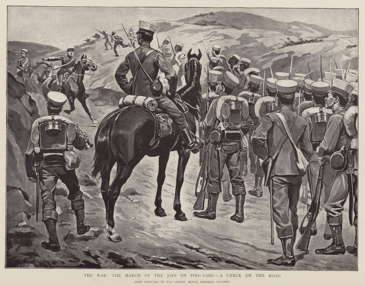 De oorlog, de mars van de Jappen op Ping-Yang, een controle op de weg (litho) door Frederic (after) Villiers