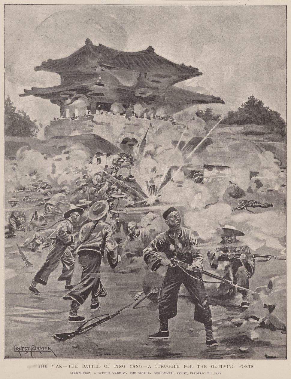 De oorlog, de slag om Ping Yang, een strijd om de buitenforten (litho) door Frederic (after) Villiers