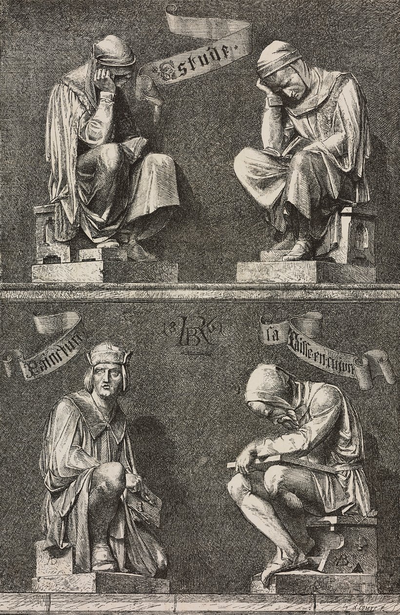Allegorie van Studie, decoratieve figuren aan de basis van het standbeeld van Martin Schongauer, gemaakt door Auguste Bartholdi voor het klooster van Unterlinden, Colmar, Frankrijk door Frederic Auguste Bartholdi