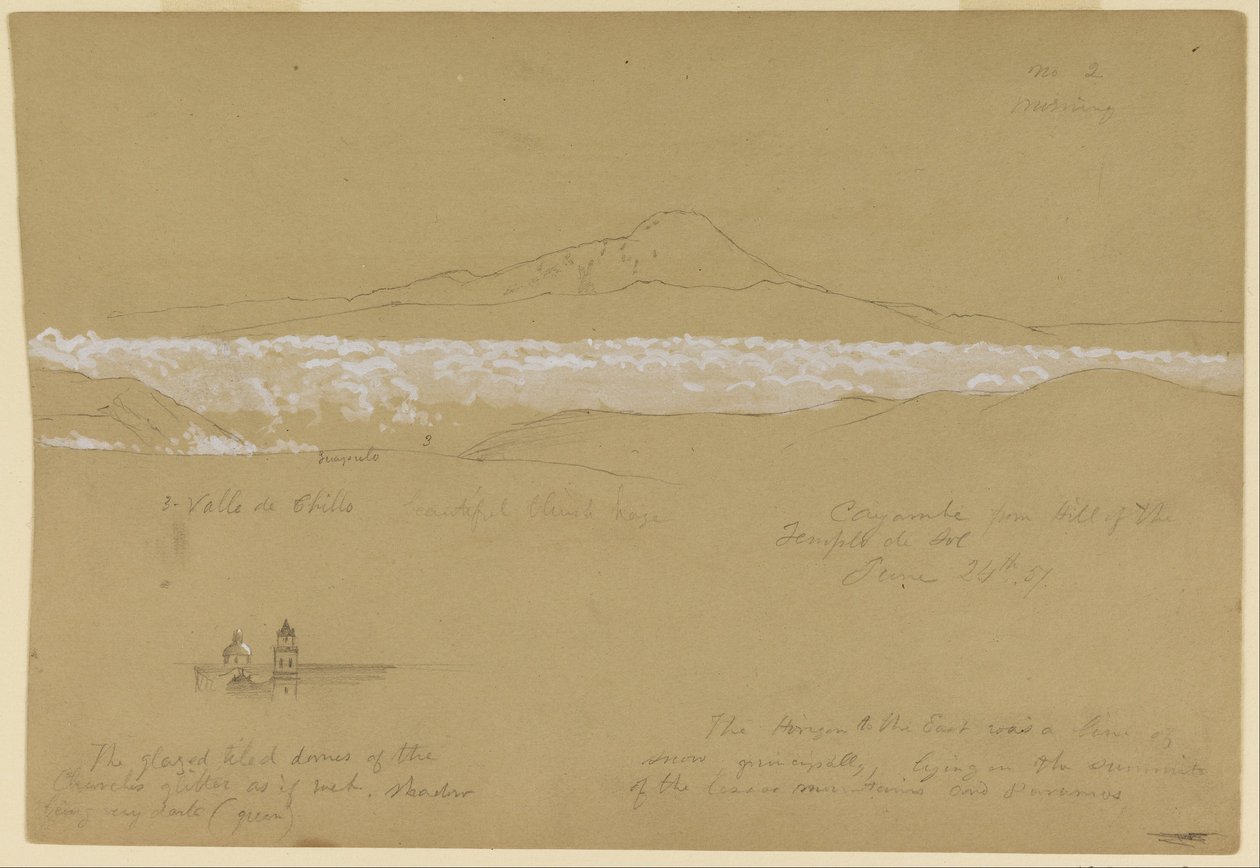 Cayambé, ochtend, vanaf de Zonnetempel, Quito door Frederic Edwin Church