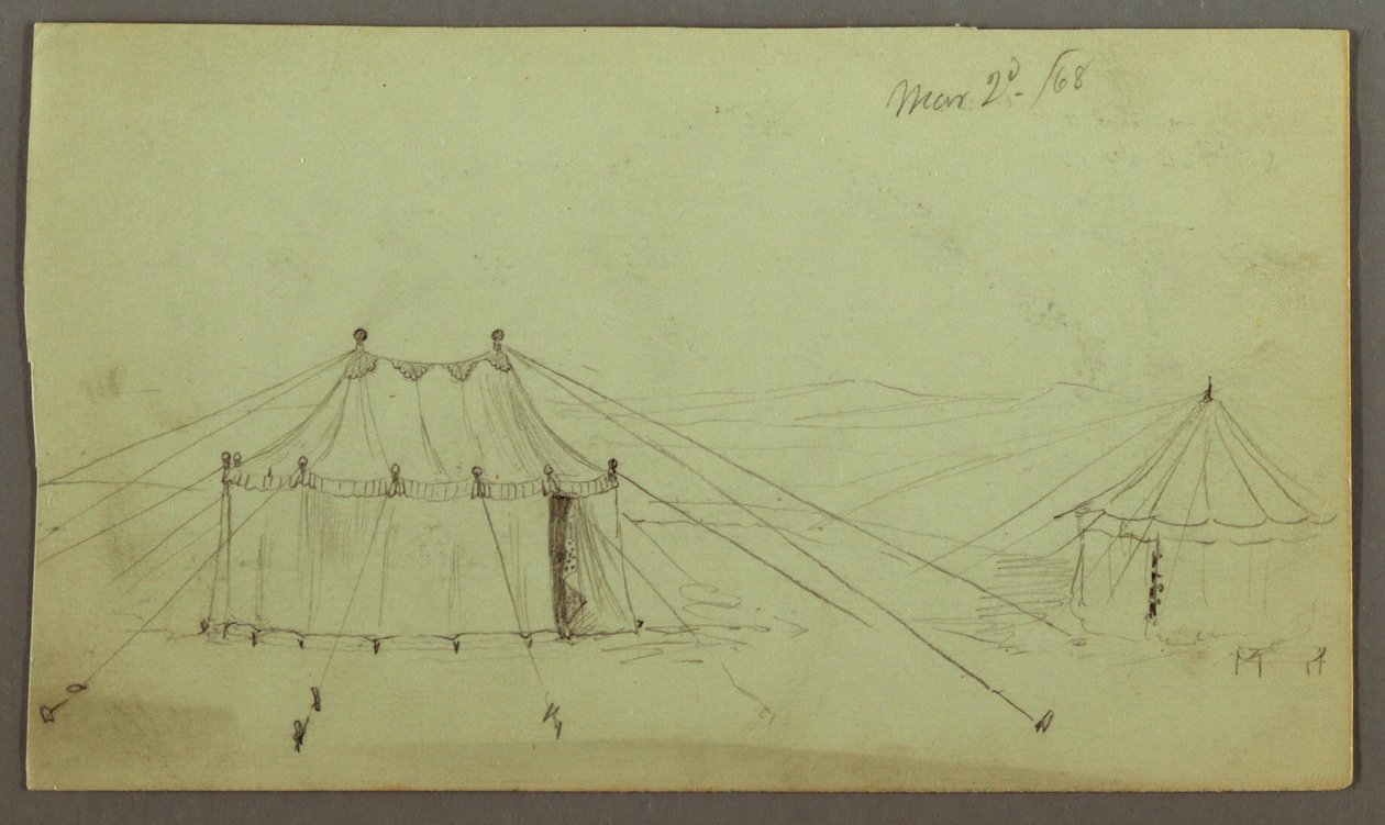 Tekening, Een versierde langwerpige tent en een cirkelvormige tent vastgemaakt met touwen, 2 maart 1868 door Frederic Edwin Church