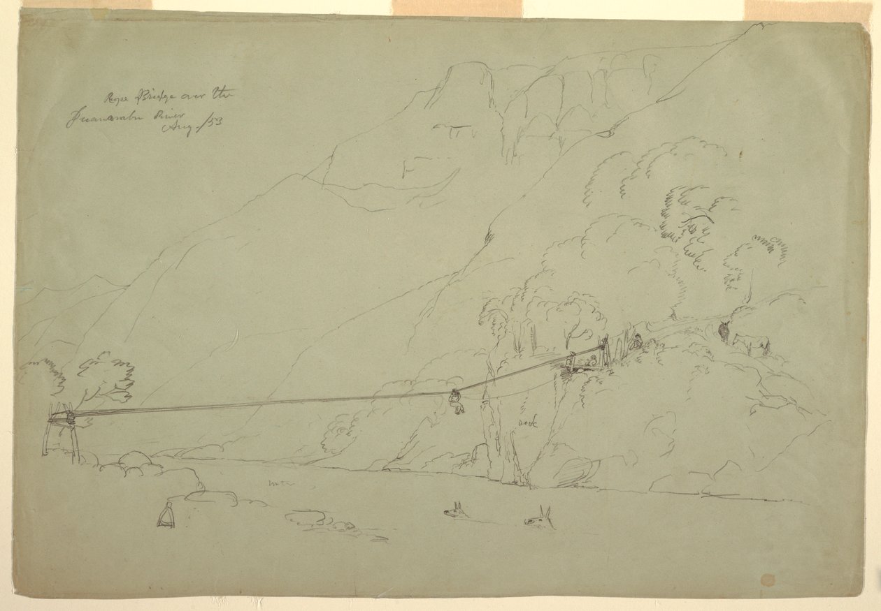 Tekening, Een touwbrug in Colombia, augustus 1853 door Frederic Edwin Church