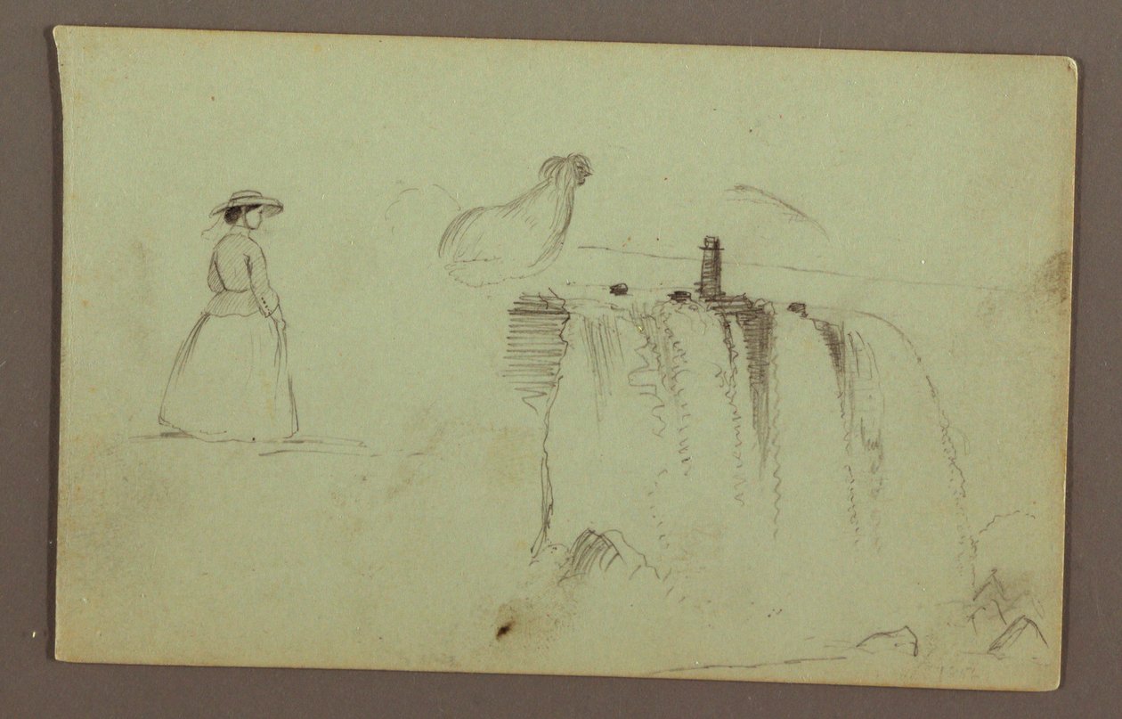 Tekening, Een wandelend meisje, een hurkende kip en de Amerikaanse watervallen op de Niagara rivier, mogelijk 1856 door Frederic Edwin Church
